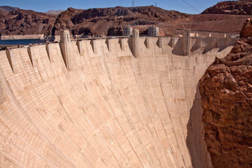 A section of Hoover Dam built into the Colorado river in Nevada. This dam provides hydro-electricity for a large part of western United States.