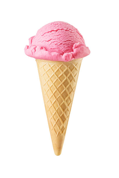 istock Pink strawberry ice cream scoop served on a waffle sugar cone isolated on white 1713194346