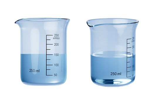 Chemical beaker with liquid, 3d rendering. Digital drawing.