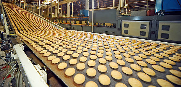 linea di produzione - food processing plant manufacturing factory food foto e immagini stock