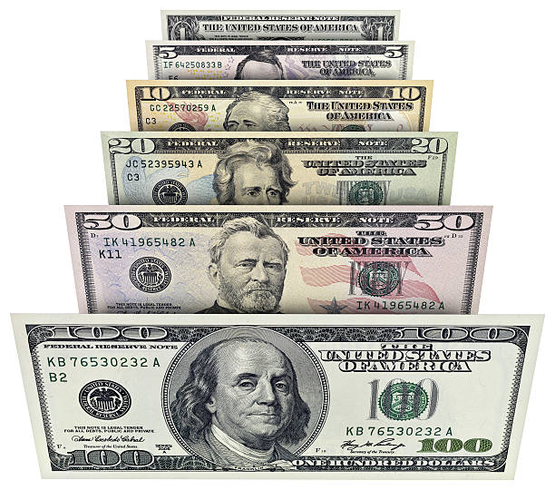 uns banknoten in verschiedenen beträgen erhältlich. - currency us paper currency five dollar bill usa stock-fotos und bilder