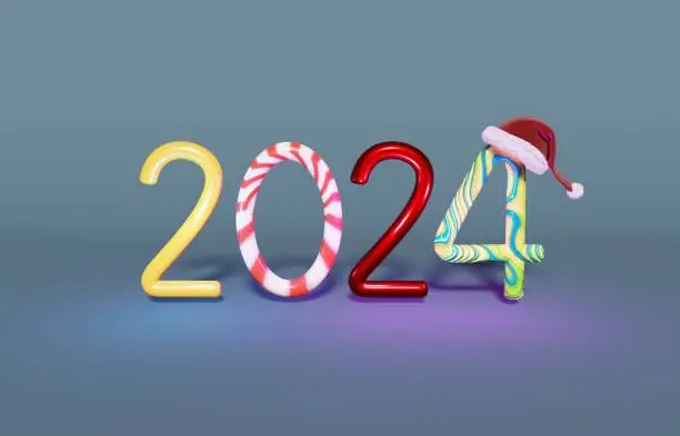 Colorful happy new year 2024 3D rendering with Santacruz hat in clear background for new year content.
