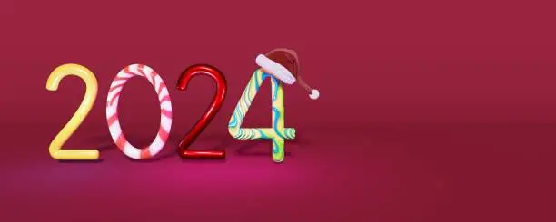 Colorful happy new year 2024 3D rendering with Santacruz hat in clear background for new year content.