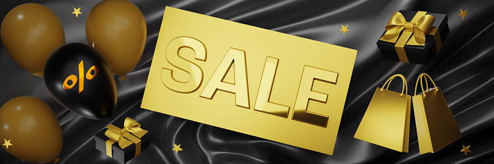Black Friday banner. Label with the inscription sale, silk background. 3D rendering