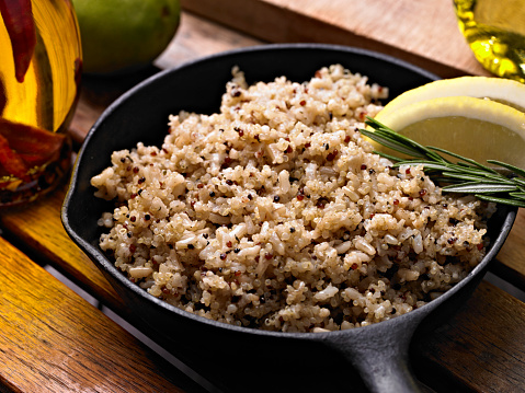 Quinoa with Brown Rice in a Cast Iron Pan.