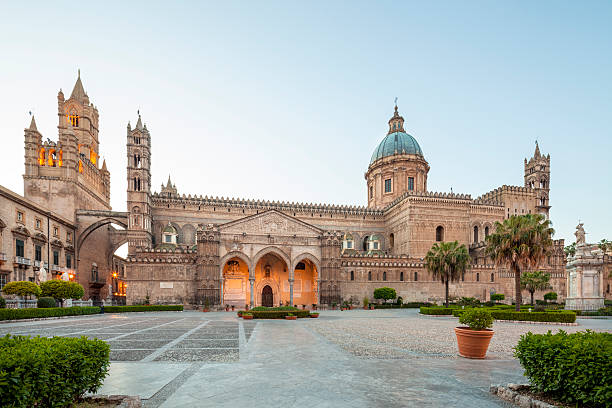 Palermo Cathedral at dusk, Sicily Italy "Palermo Cathedral at dusk, Sicily Italy17mm tilt shift lens used-MORE images from Sicily:" palermo sicily photos stock pictures, royalty-free photos & images