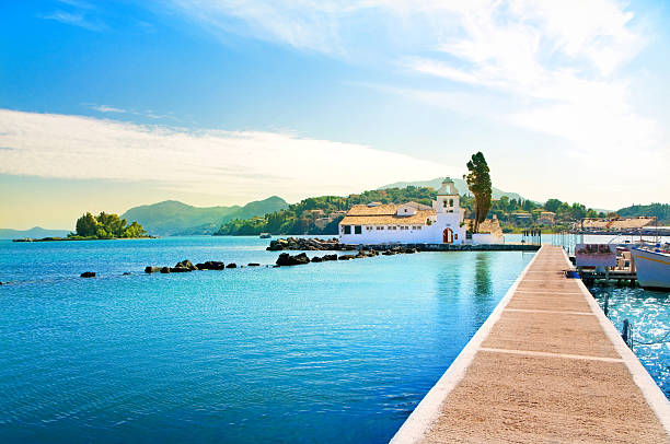 Scenic photo of Pontikonisi of Corfu Island in Greece stock photo