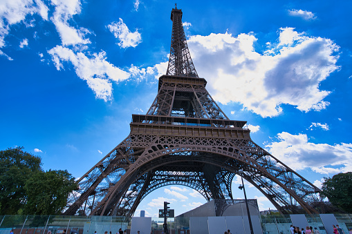 France, Paris 20.08.2023 Eiffel Tower is a wrought-iron lattice tower on the Champ de Mars in Paris, France. named Gustave Eiffel, built from 1887 to 1889. Locally nicknamed \
