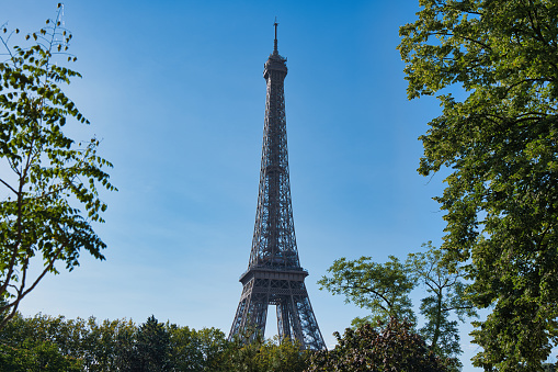 France, Paris 20.08.2023 Eiffel Tower is a wrought-iron lattice tower on the Champ de Mars in Paris, France. named Gustave Eiffel, built from 1887 to 1889. Locally nicknamed \