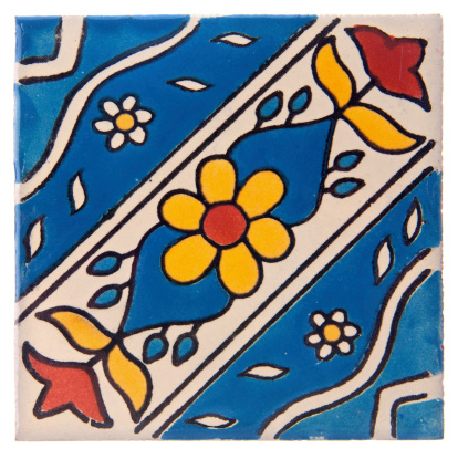Handcrafted, hand-painted Mexican Ceramic Tile. Mexican tiles are concave (not perfectly flat). They are characterized as unique and  irregular. Stenciled ceramic glaze suggest soft focus and edges.