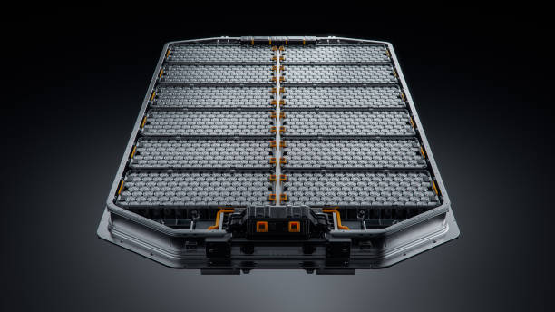 istock Front View of Generic EV Battery Pack with Orange Connectors Isolated on Black Background. High Capacity Battery for Automotive Industry. Lithium-ion High-voltage Battery for Electric Vehicle or Car. 1713223600