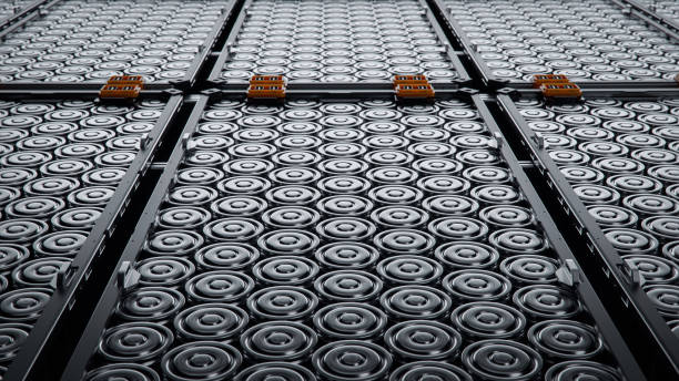 Close-up of EV Battery Cells Stacked inside Modules. Lithium-ion High-voltage Battery for Electric Vehicle or Hybrid Car. High Capacity Battery for Automotive Industry