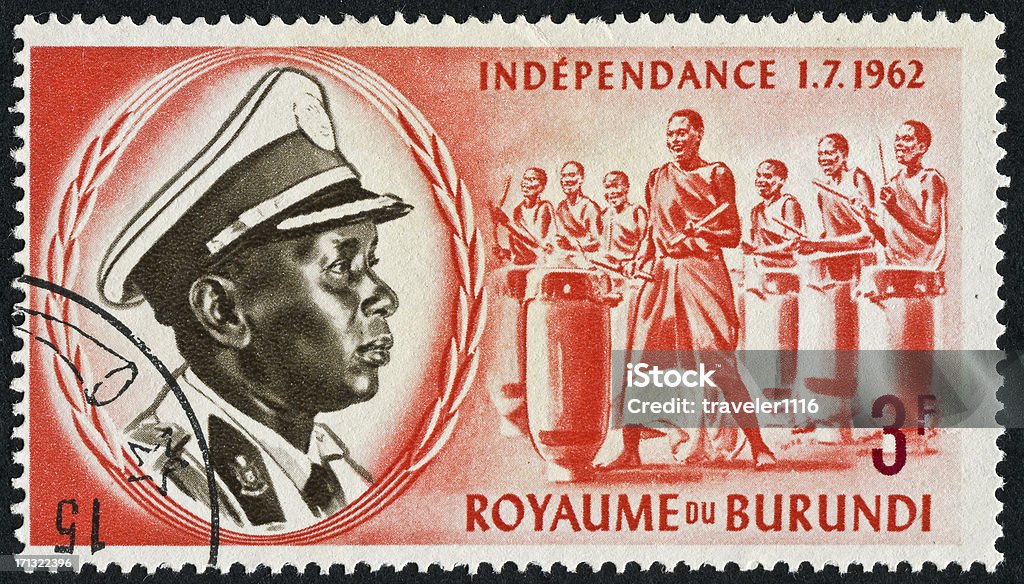 Burundi Independence Stamp Cancelled Stamp From Burundi Commemorating Independence In 1962 And Showing King Mwambutsa IV Bangiricenge. Burundi - East Africa Stock Photo