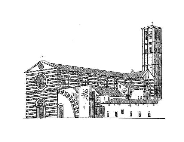 базилика святой клэр, ассизи, italy/античный архитектурные иллюстрации - rose window window church cathedral stock illustrations