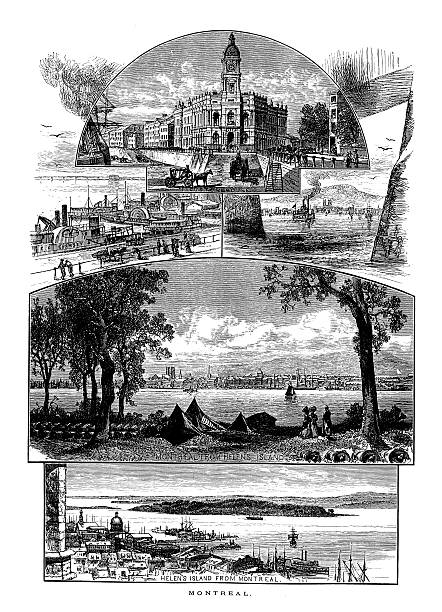 Montreal, Canada | Historic American Illustrations "19th-century engraving depicting scenes from Montreal, the largest city in the province of Quebec, Canada. Illustration published in Picturesque America (D. Appleton & Co., New York, 1872).MORE VINTAGE AMERICAN ILLUSTRATIONS HERE:" island of montreal stock illustrations