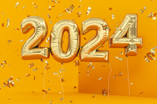 New Year Concept with Golden 2024 Balloons and Confetti on Yellow. 2024 New Year Concept. 3D Render