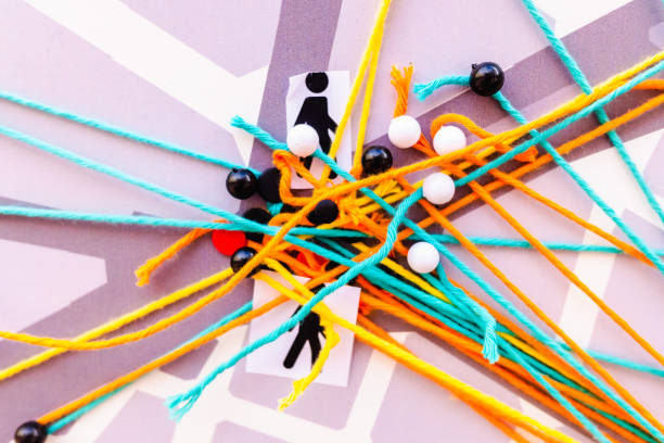 istock Network connections on a city map made with pins and threads. 1713226627