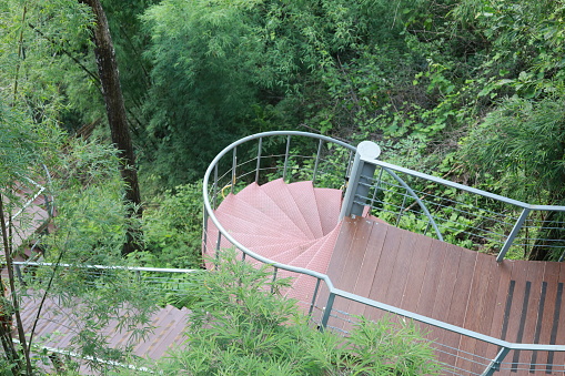 Spiral metal staircase on the observation tower.
