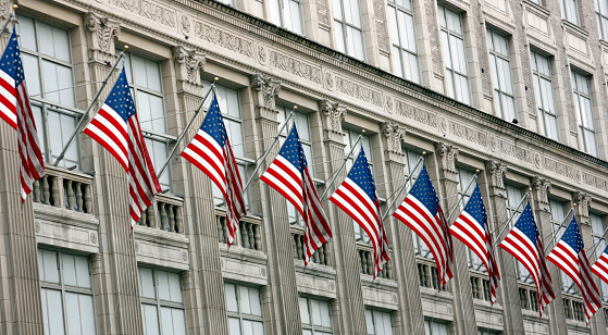 American flags outside the Saks store on 5th Avenue in New York