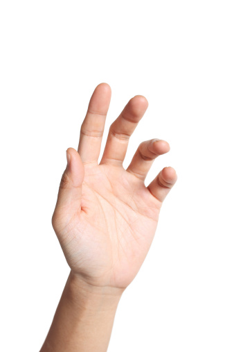 An opened male hand waving in the air, isolated on white background. Clipping path included.
