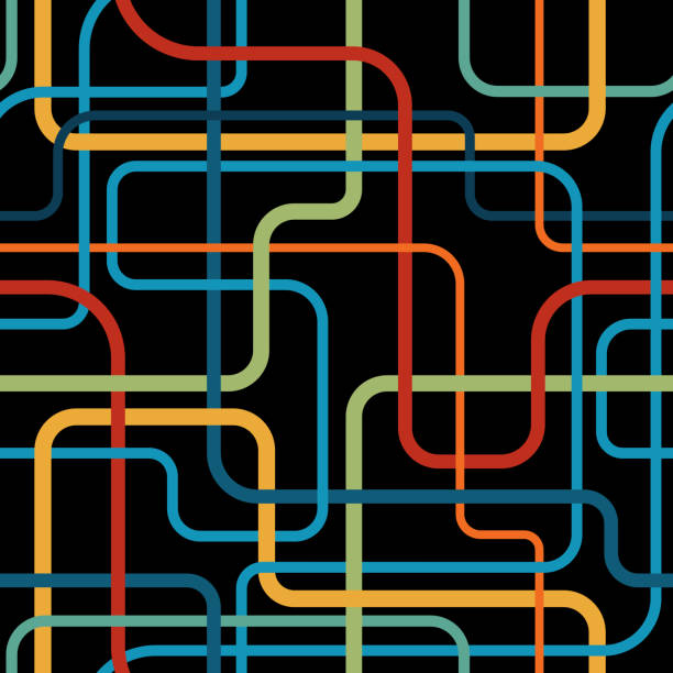 istock Abstract composition of multicolored lines in a metro map style on a black background. Connection concept. Seamless repeating pattern. Vector illustration. 1713232112