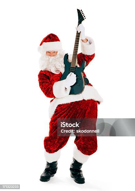 Elektryczna Gitara Gra Santa Claus Na Białym Tle - zdjęcia stockowe i więcej obrazów Boże Narodzenie - Boże Narodzenie, Gitara, Impreza