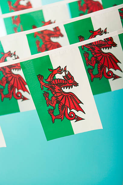 bandera de gales celebraciones bunting - welsh flag wales bunting flag fotografías e imágenes de stock