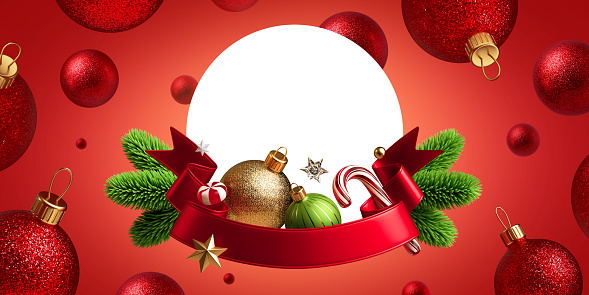 3d render, Christmas background with empty round frame, red ribbon tag, green fir twigs and festive ornaments. Festive banner
