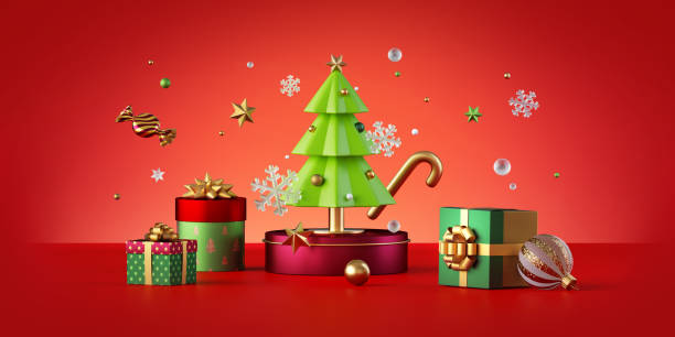 istock 3d render, Christmas background with wrapped gift boxes and festive ornaments. Winter holiday wallpaper 1713243374