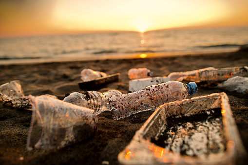 Discarded plastic waste on the beach in sunset. Environmental pollution and ecological problems concept.