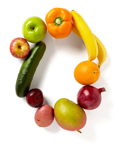Zero made from fruits and Veggies, isolated on a white background, larger files include clipping path. Color corrected, exported 16 bit depth, retouched and saved for maximum image quality.