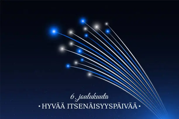 Vector illustration of December 6 finland independence day, finnish fireworks on dark sky background. Fireworks, flag. National holiday finland. Greeting card. Vector. Translation December 6th Happy Independence Day