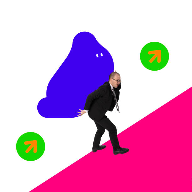 Contemporary art collage, Modern creative artwork. Business man, office worker goes carrying on his back huge blue splash symbolizing duties following arrows. Concept of business, motivation, goals