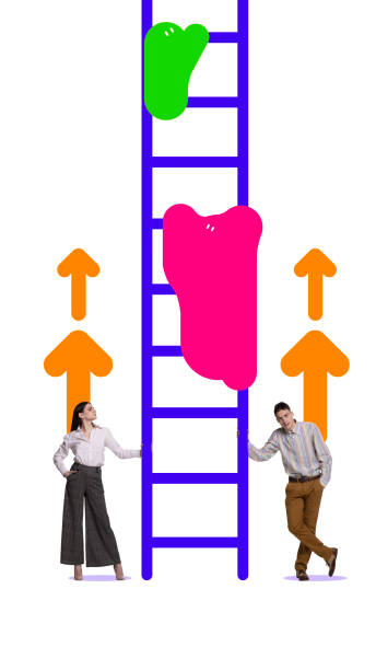 istock Poster. Contemporary art collage, Modern creative artwork. Business people, office workers watching how splashes-colleagues following arrows and goes up along ladder. 1713250210