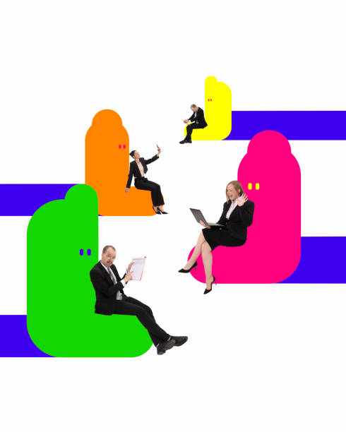 istock Poster. Contemporary art collage, Modern creative artwork. Business people, office worker sitting on bright splashes. Business mitting. Work space. 1713250242