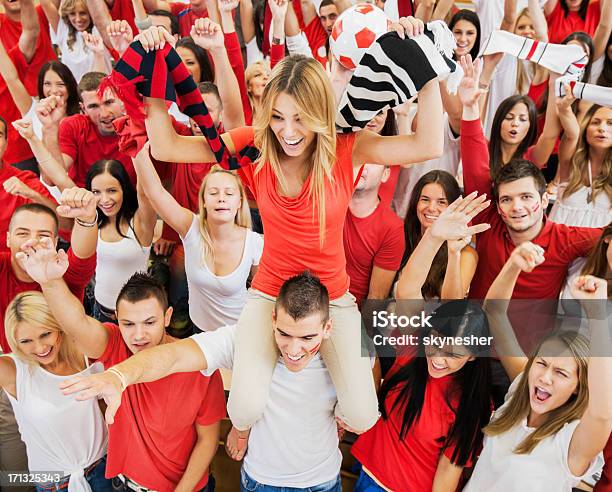 Group Of Football Fans Cheering Stock Photo - Download Image Now - Adolescence, Fan - Enthusiast, Stadium