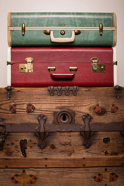 istock Two Retro Suitcases Stacked on Wood Trunk 171325349