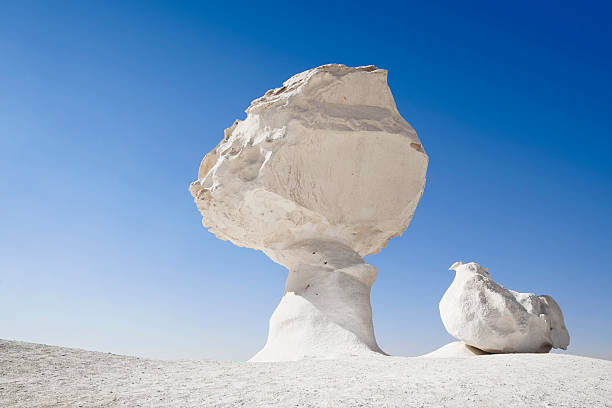 Chicken & Mushroom rock formation in the White Desert of Egypt Rock formations of a mushroom with chicken in the white desert of egypt. These are the two most famous rock formations in the White Desert - a landmark! rock formation stock pictures, royalty-free photos & images