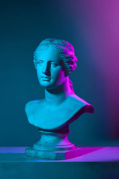 istock Venus statue. Antique statue bust, Greek sculpture against gradient studio background in neon lights. Concept of art and mythology 1713256785