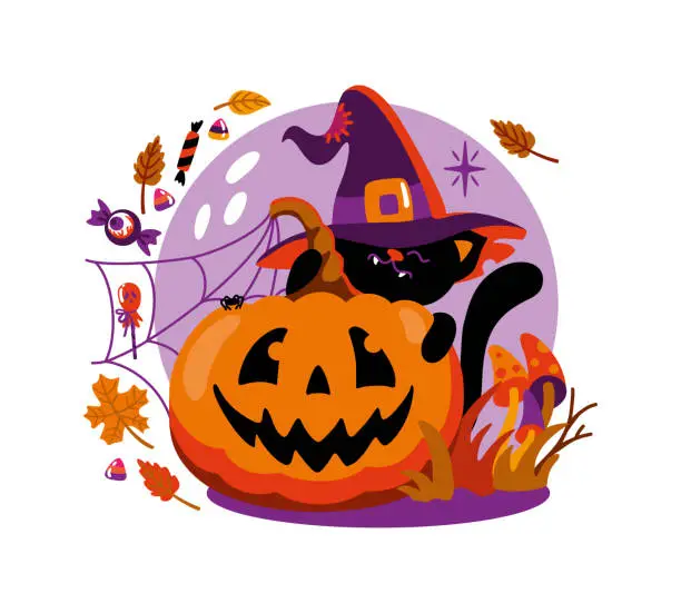 Vector illustration of Black cat in witch hat and smiling Halloween pumpkin