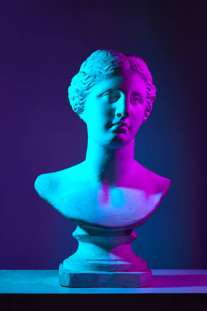 istock Venus statue. Antique statue bust, Greek sculpture against gradient studio background in neon lights. Concept of art and mythology 1713259529