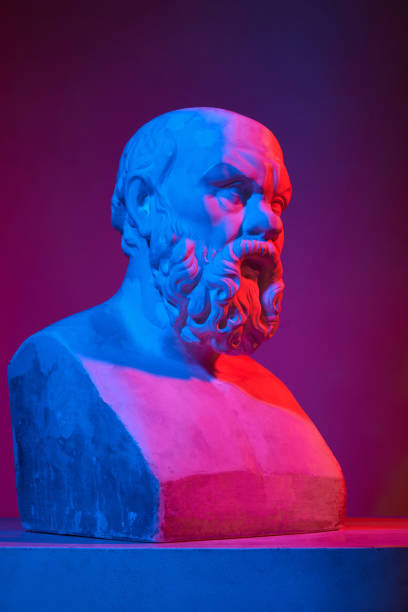 istock Greek sculpture. Antique statue bust against gradient studio background in neon lights. Concept of art and mythology 1713260037