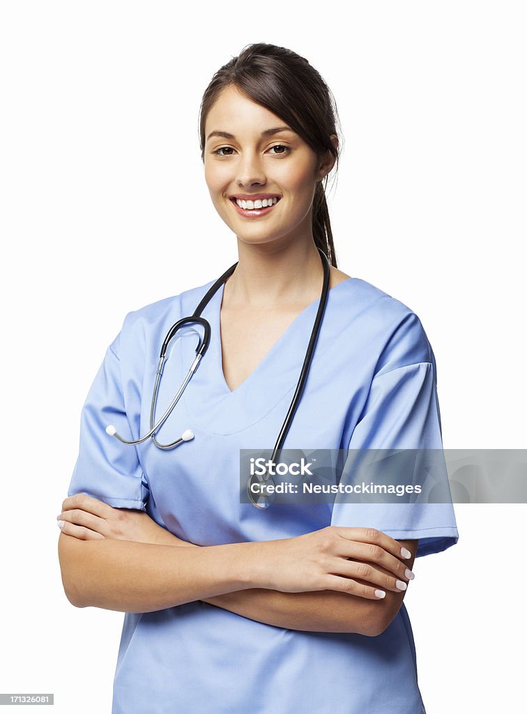 Женский хирург стоя с руками, скрещенными изолированные - Стоковые фото Изолированный предмет роялти-фри