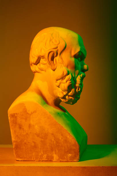 istock Antique statue bust against gradient studio background in neon lights. Gypsum copy. Concept of art and mythology 1713261663