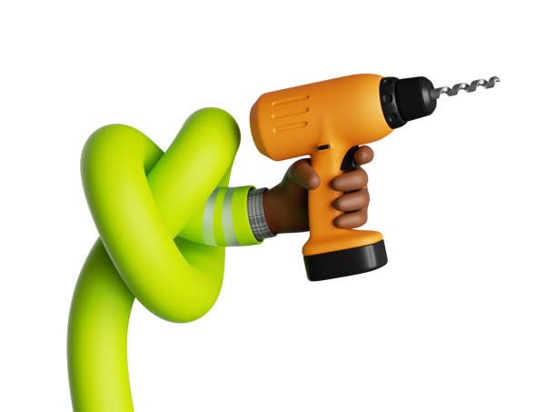 istock 3d render. Funny cartoon flexible knotted arm holds electric drill building tool. Professional builder with equipment. Elastic tangled hand isolated on white background. Renovation service clip art 1713264884