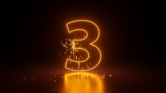 3d render, abstract sparkling linear number three, glowing digit 3 isolated on black background