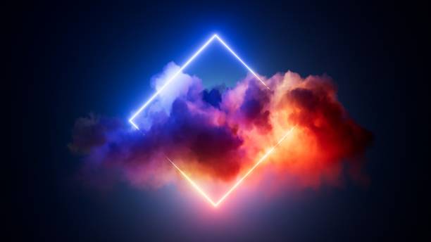 istock 3d render, abstract geometric neon background. Glowing linear rhombus shape inside the colorful cloud, minimalist fantastic wallpaper 1713266681