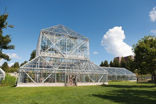 Llanarthne, Wales - June 22 2022: The dome of the massive greenhouse at the National Botanic Garden of Wales. The Garden runs as a visitor attraction and also as a research and conservation centre.