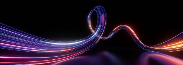 istock 3d render. Abstract panoramic background of twisted dynamic neon lines glowing in the dark room with floor reflection. Virtual fluorescent ribbon loop. Fantastic minimalist wallpaper 1713271728