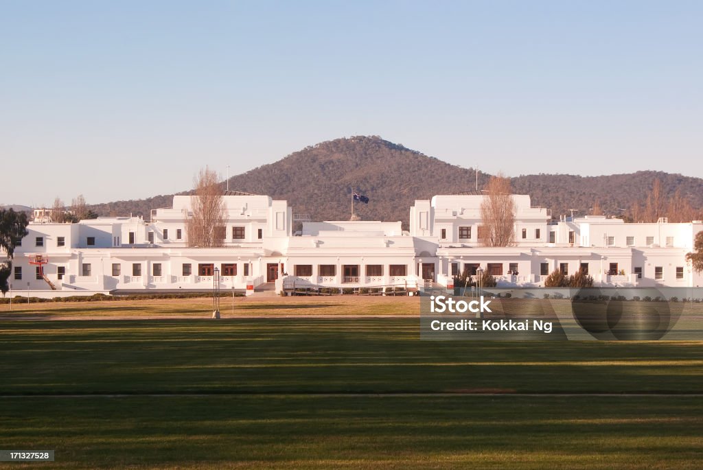 Canberra - Old Parliament House Old Parliament House, which currently serves as a museum, seen from Capital Hill on a late winter afternoon. Mt Ainslie is visible in the background. Parliament House - Canberra Stock Photo